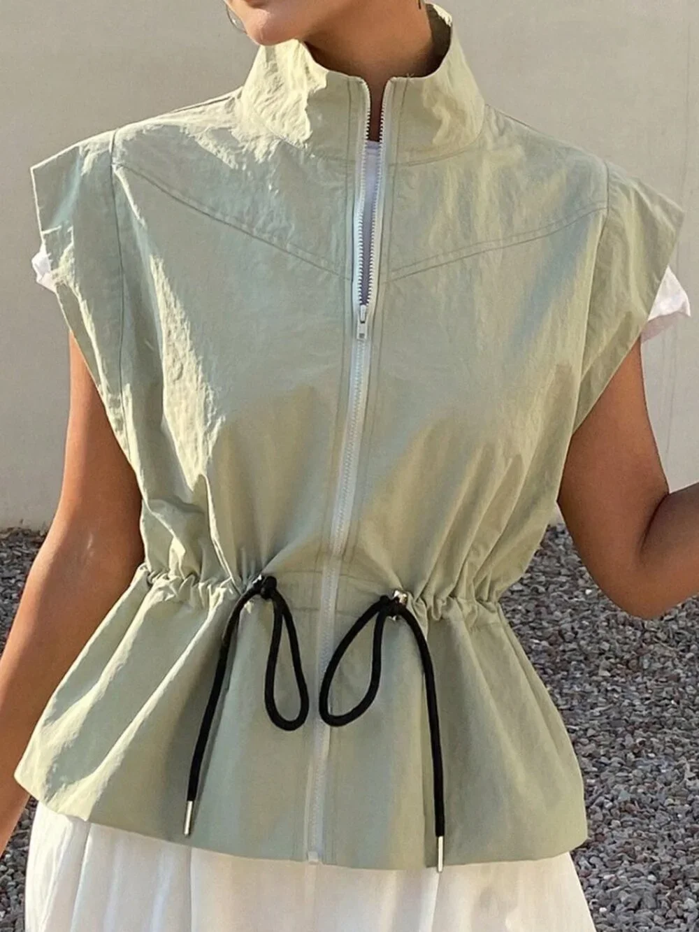 Green Casual Women's Loose Drawstring Waist High Neck Sleeveless Jacket